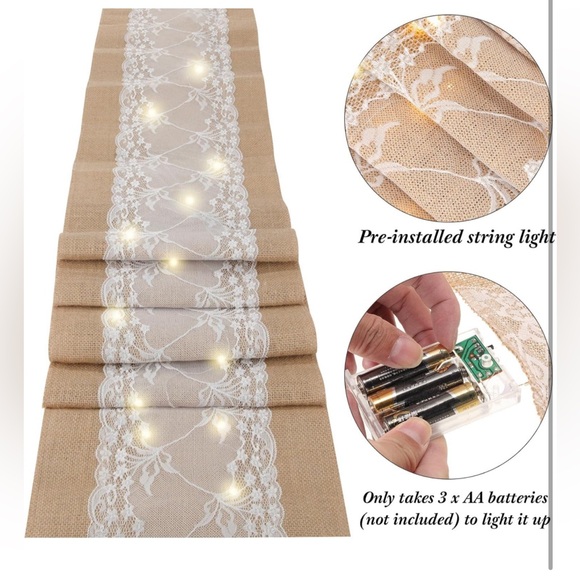 Rustic Lace Farmhouse Jute 9ft Table Runner Wedding Decor w Fairy Light💡Table - Picture 3 of 9
